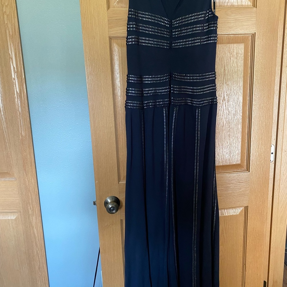 Tadashi Sohji Elegant Navy Maxi Dress with Metallic Accents - Vintage